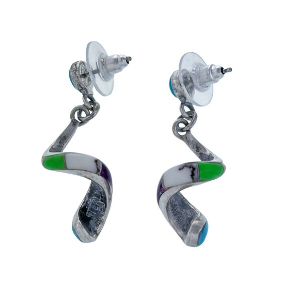 Vintage PJ Sterling Silver 925 Multi Stone Inlay Spiral Dangle Post Earrings - Picture 4 of 9